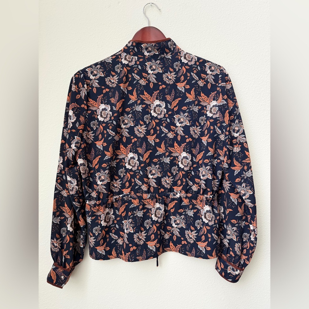 Margaret O’Leary Long Sleeve Boho Floral Top Blouse Navy Mandarin Collar Size S - Picture 5 of 11